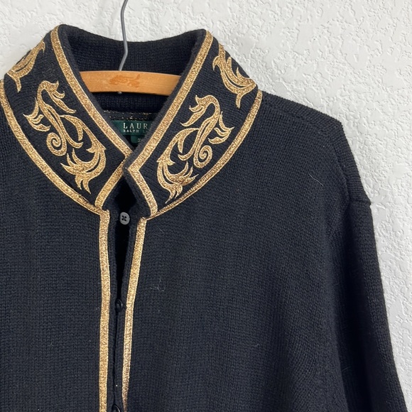 LRL Navy Marine Nautical Officer Metallic Gold Piping Cardigan Sweater - Picture 2 of 8